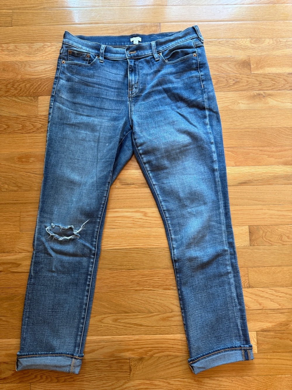 J Crew Mid-Blue Distressed Jeans with Knee Rip